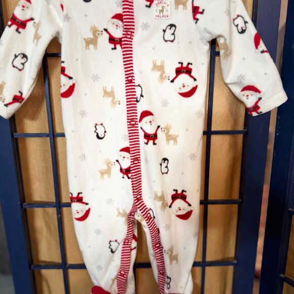 Christmas Fleece Footie Pajamas Reindeer Santa Print 12 18 Months - Picture 3 of 4
